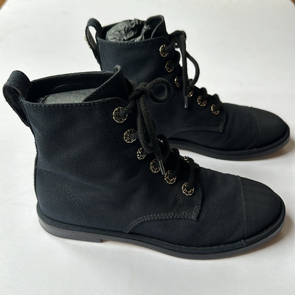 CHANEL Cotton Grosgrain Cap Toe CC Black Lace Up Boots Original Box Dust Bags 38 - Picture 8 of 11